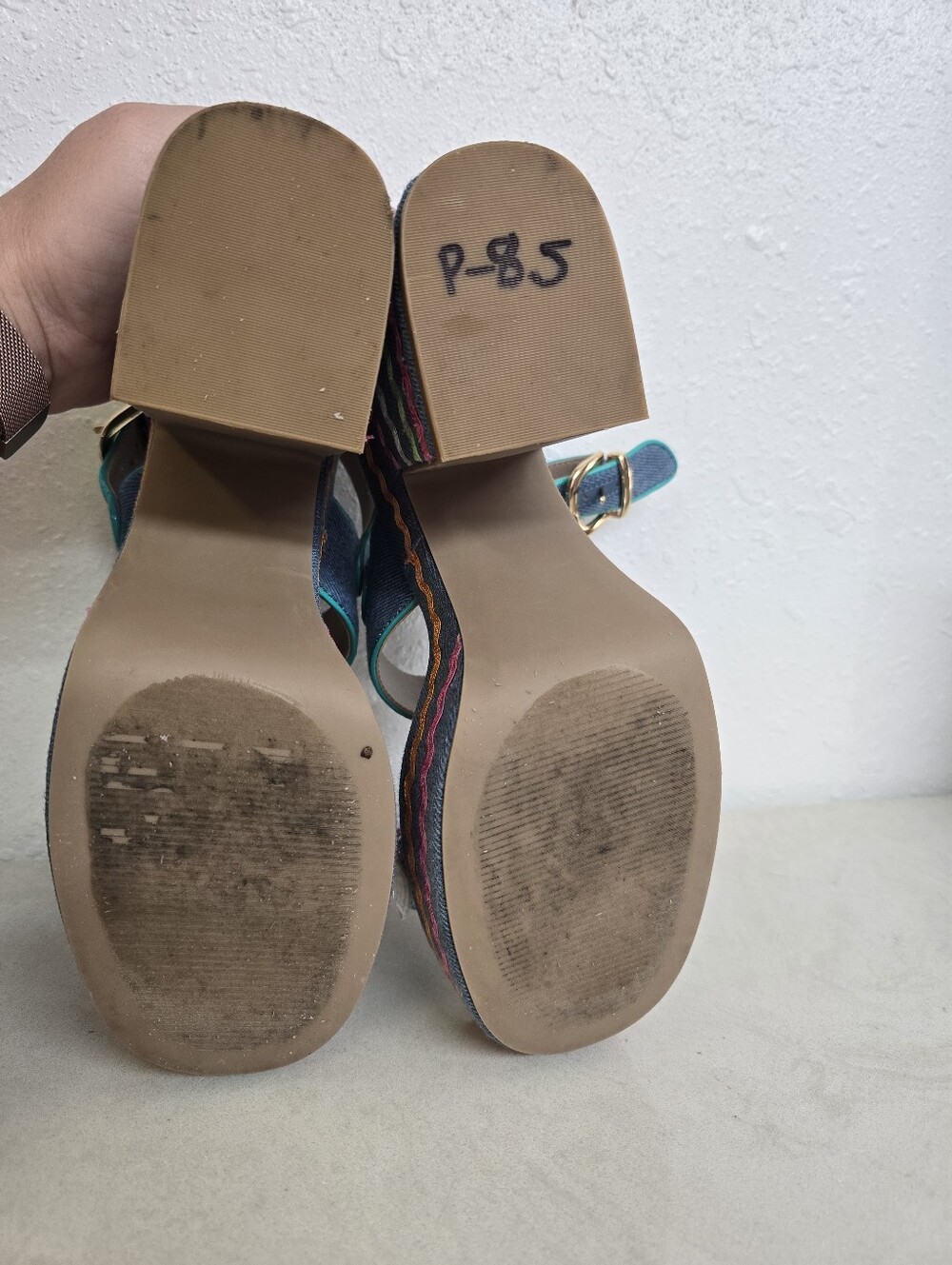 Betsey Johnson Shellie Size 7.5 Denim Seashell Pearl Platform Heels Sandals - Picture 10 of 10